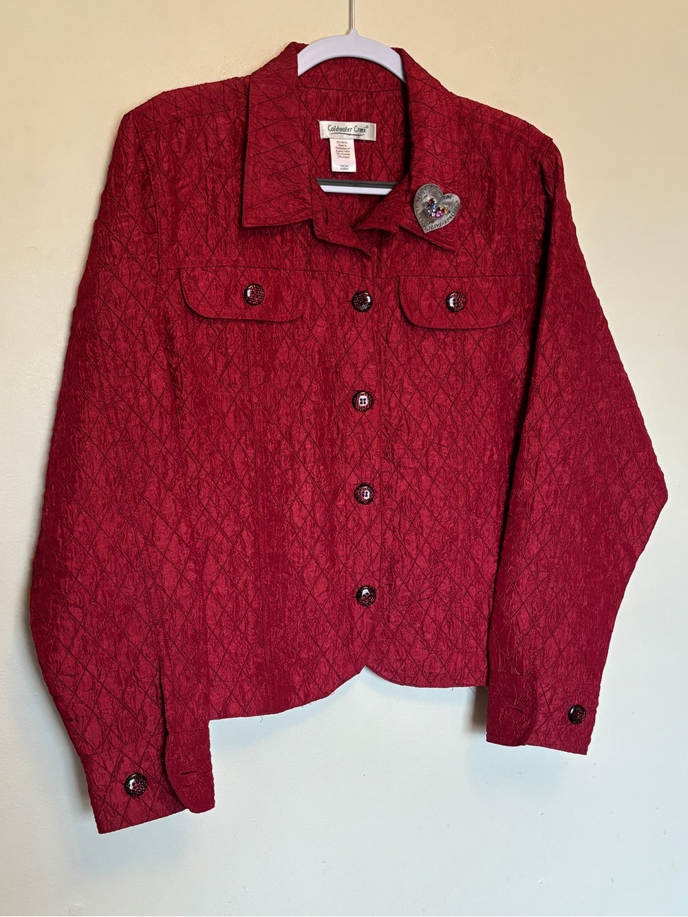 Coldwater Creek Women's Puckered Utility Jacket Trucker Shimmer Quilted w/Brooch